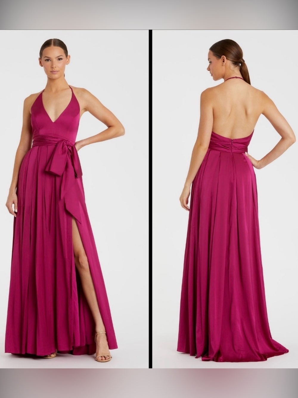 Mac Duggal Raspberry Halter Backless Maxi Dress with Waist Tie Charmeuse size 6